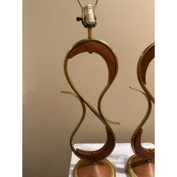 Mid Century Modern‎ Oak & Brass Table Lamps A Pair Vintage Lighting Decor - Picture 4 of 15